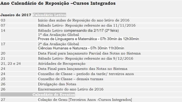 Calendário Reposição Integrado